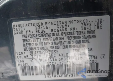 2015 Nissan Sentra Sv z USA, uszkodzony, nr VIN 3N1AB7AP3FY350226